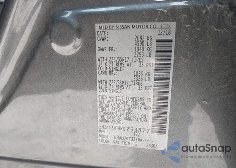 2019 Nissan Rogue Sv z USA, uszkodzony, nr VIN 5N1AT2MT4KC753877